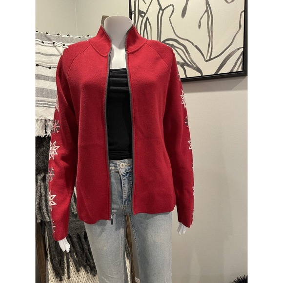 Eddie Bauer Sweaters - Eddie Bauer Fair Isle ❄️ Full Zip Front Red Sweater Cardigan Sport Sz M